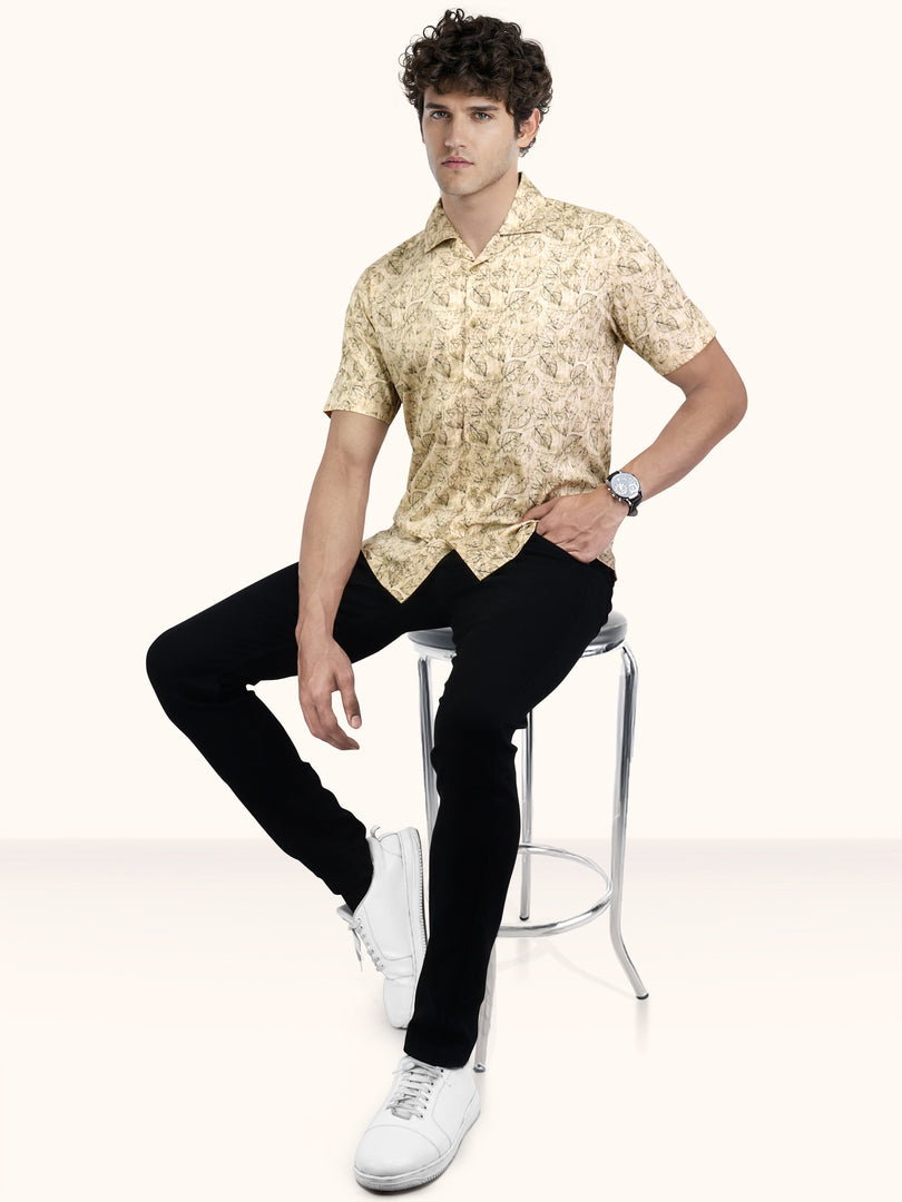 Men Smart Fit Floral Print Beige Half Sleeve Shirt