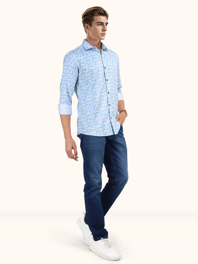 Men Smart Fit Floral Print Blue Full Sleeve Shirt
