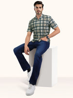 Load image into Gallery viewer, Men Smart Fit Chequered Olive Half Sleeve Shirt
