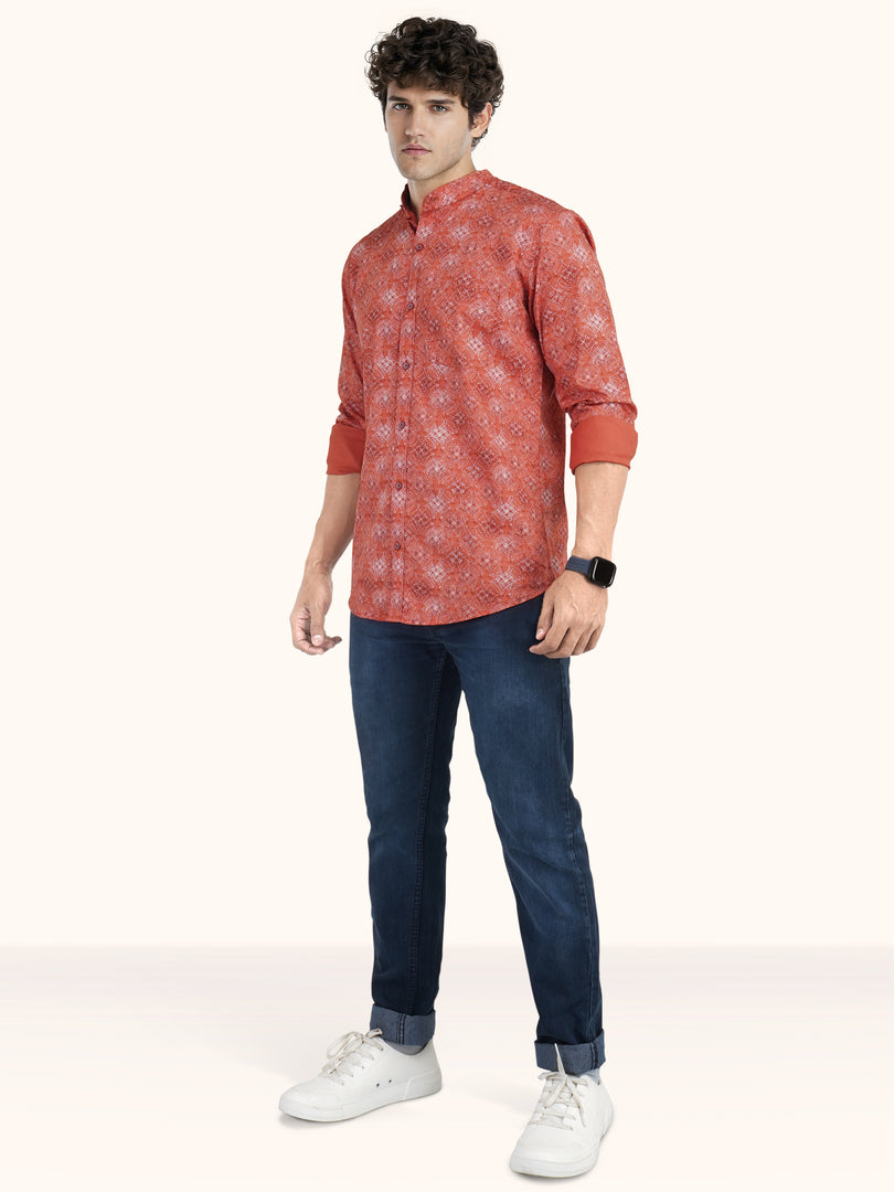 MENS COTTON ORANGE PRINTED SLIM FIT FULL SLEEVE CASUAL SHIRT