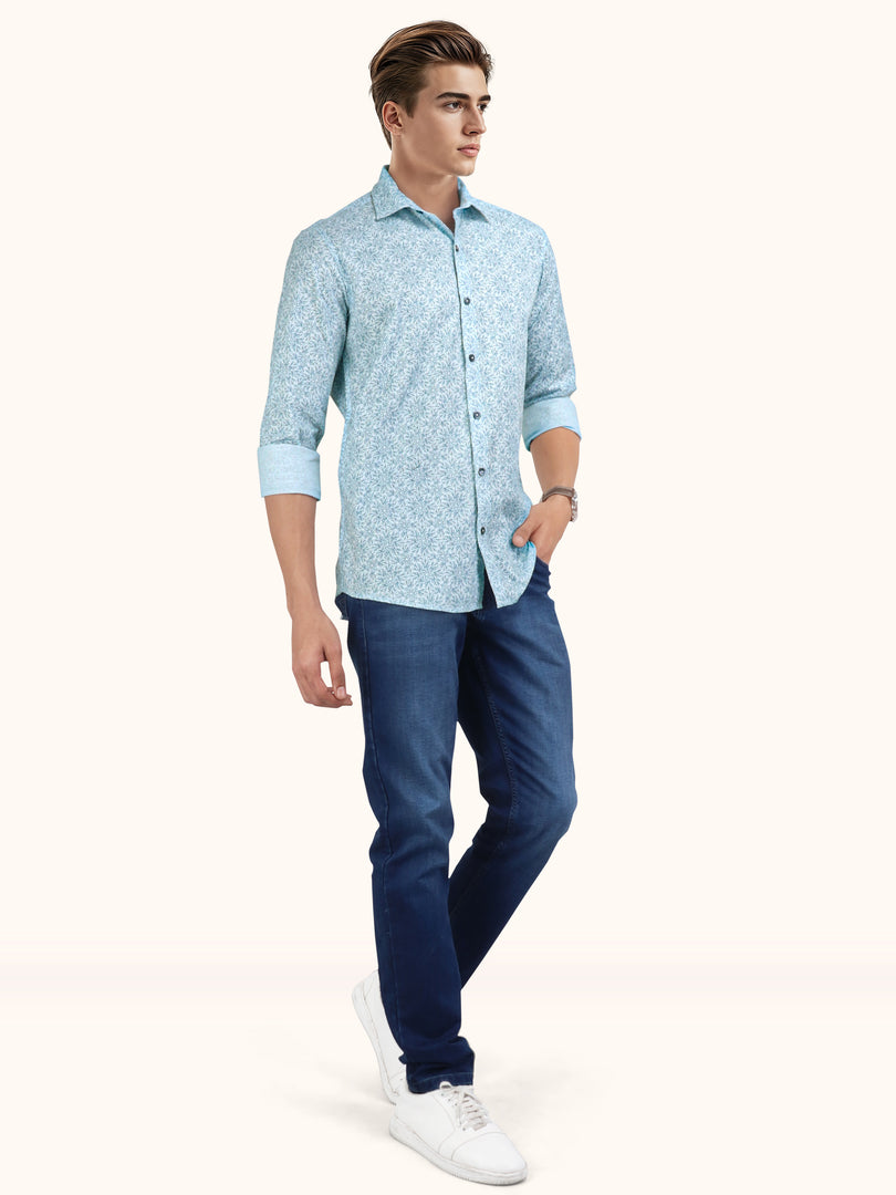 Men Smart Fit Floral Print Green Full Sleeve Shirt