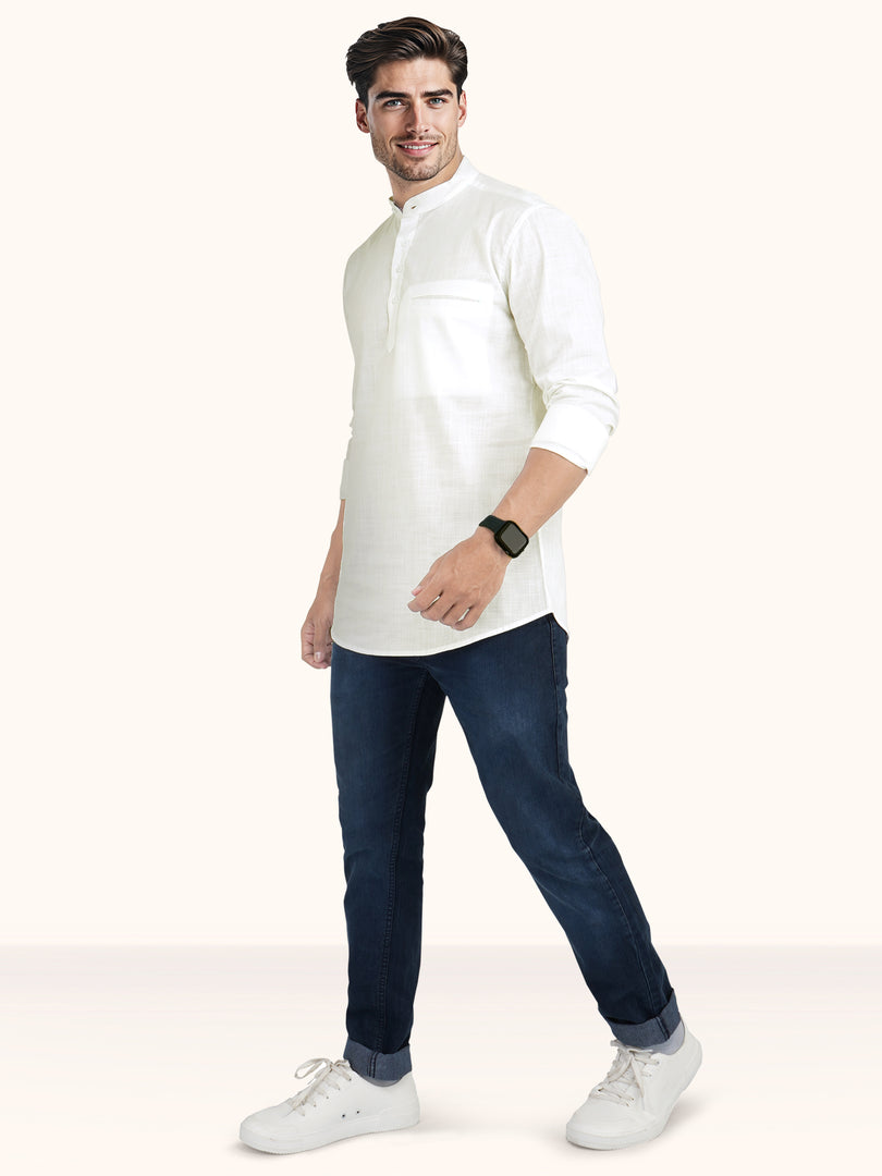 MENS COTTON WHITE PLAIN SLIM FIT SHORT KURTA