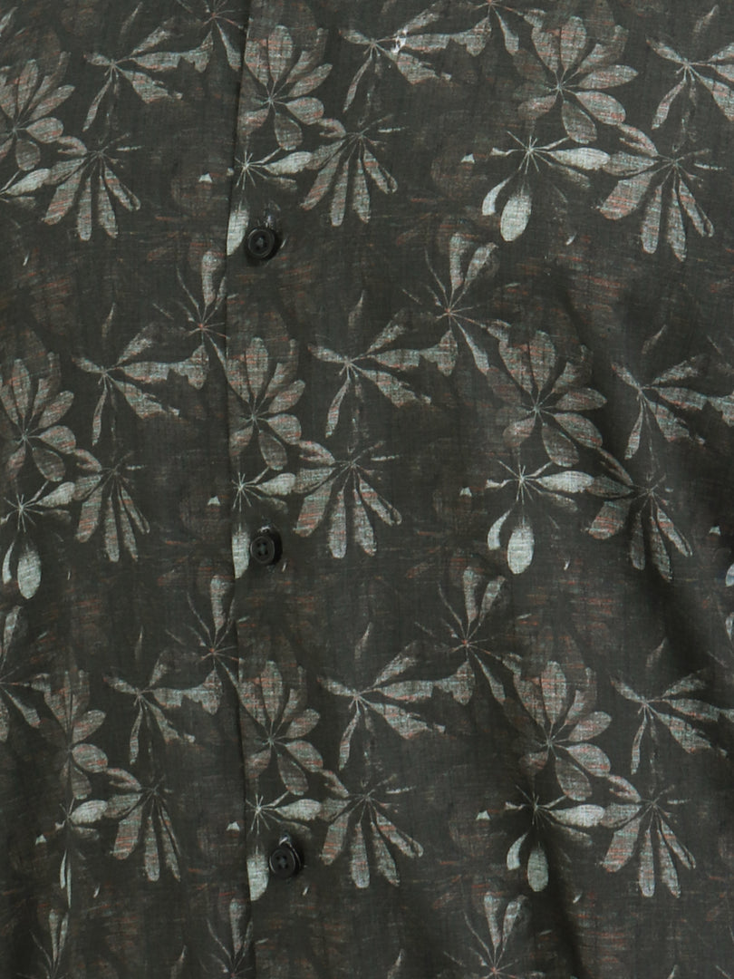 Men Smart Fit Floral Print Olive Full Sleeves Shirt