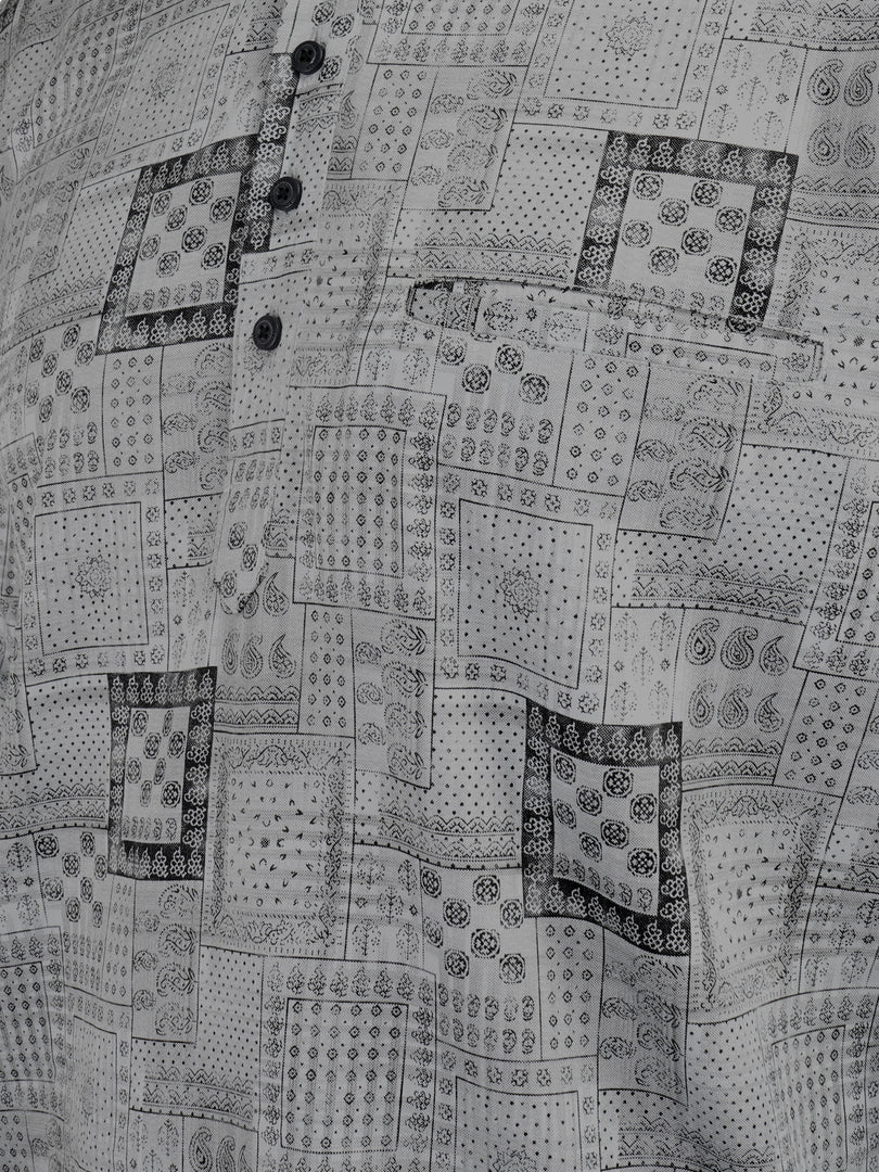 MENS COTTON GREY PRINTED SLIM FIT SHORT KURTA