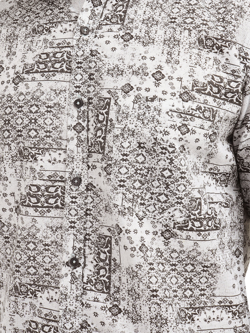 MENS COTTON WHITE PRINTED SLIM FIT FULL SLEEVE CASUAL SHIRT