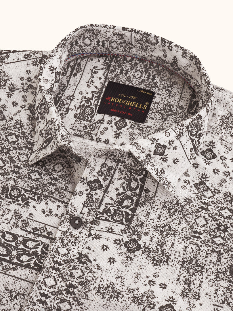 MENS COTTON WHITE PRINTED SLIM FIT FULL SLEEVE CASUAL SHIRT