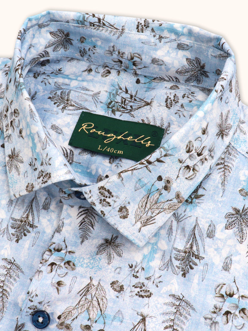 Men Smart Fit Floral Print Sky Full Sleeves Shirt