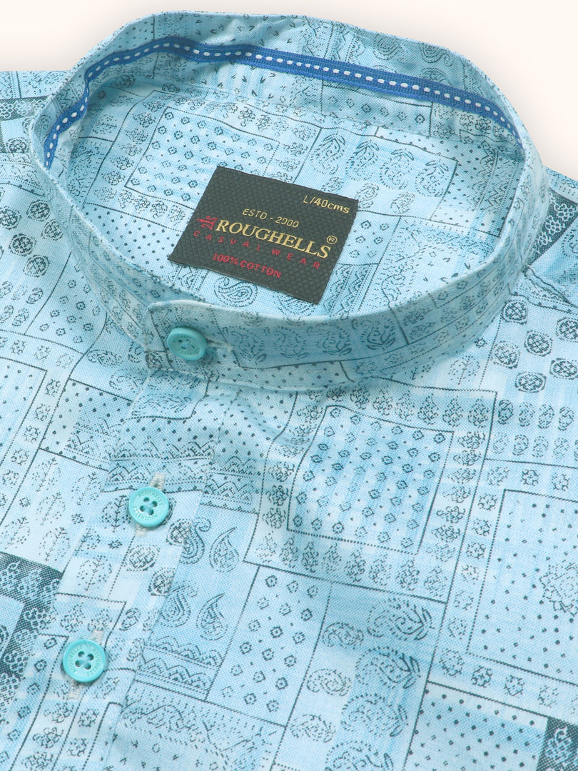 MENS COTTON SKY PRINTED SLIM FIT SHORT KURTA