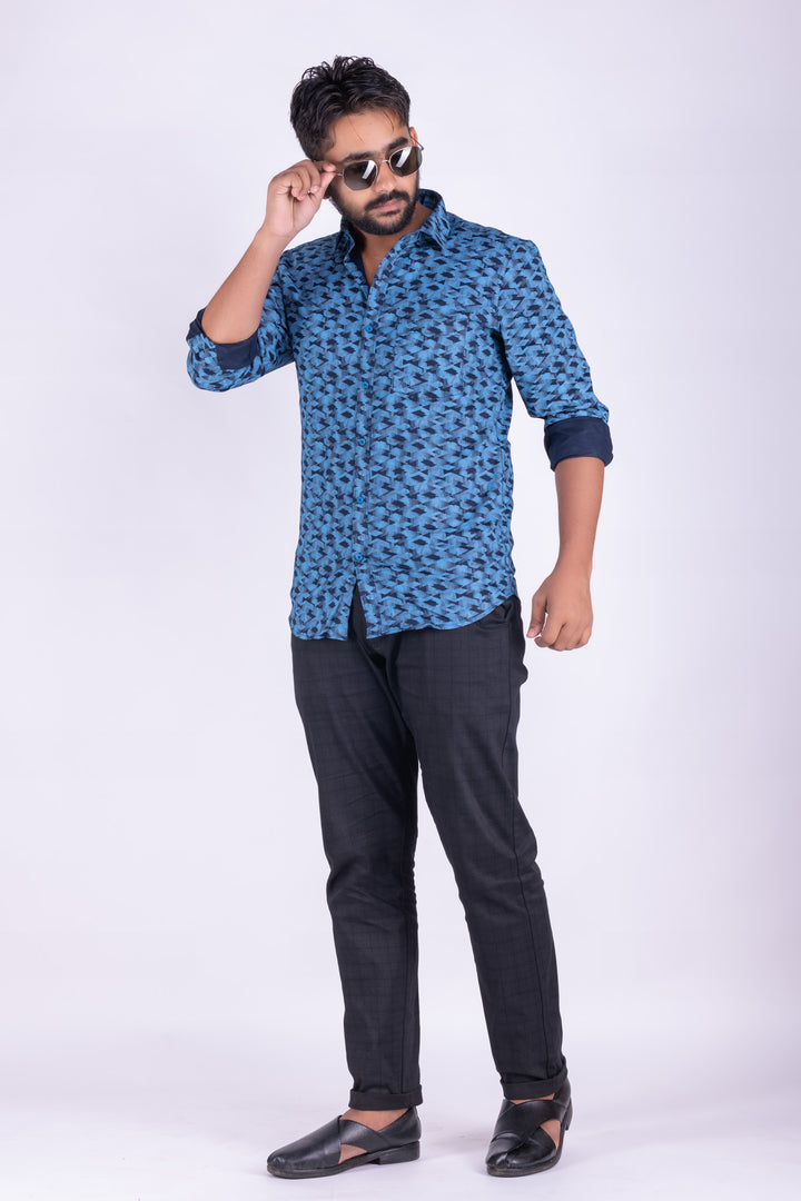 MENS COTTON BLUE PRINTED SLIM FIT FULL SLEEVE CASUAL SHIRT