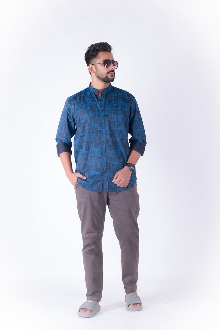 MENS COTTON BLUE PRINTED SLIM FIT FULL SLEEVE CASUAL SHIRT