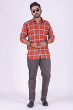 Load image into Gallery viewer, MENS COTTON ORANGE CHECKERED SLIM FIT FULL SLEEVE CASUAL SHIRT
