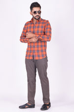 Load image into Gallery viewer, MENS COTTON ORANGE CHECKERED SLIM FIT FULL SLEEVE CASUAL SHIRT
