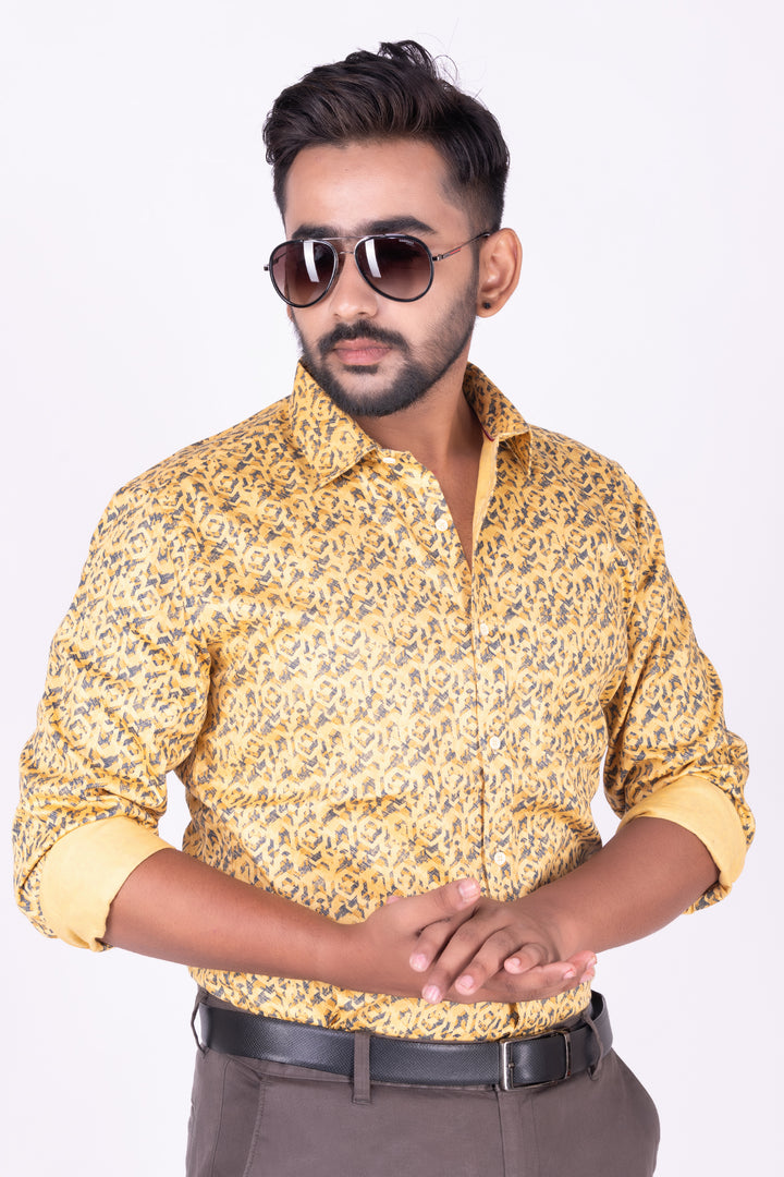 MENS COTTON YELLOW PRINTED SLIM FIT FULL SLEEVE CASUAL SHIRT