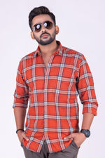 Load image into Gallery viewer, MENS COTTON ORANGE CHECKERED SLIM FIT FULL SLEEVE CASUAL SHIRT
