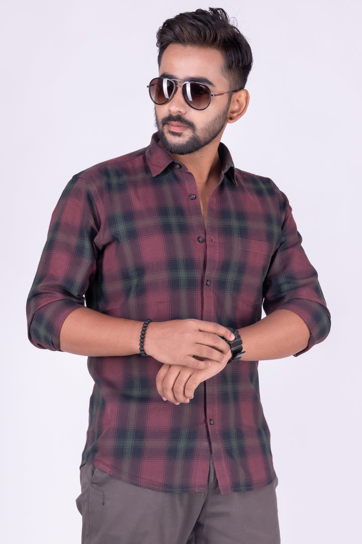 MENS COTTON MAROON CHECKERED SLIM FIT FULL SLEEVE CASUAL SHIRT