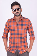 Load image into Gallery viewer, MENS COTTON ORANGE CHECKERED SLIM FIT FULL SLEEVE CASUAL SHIRT
