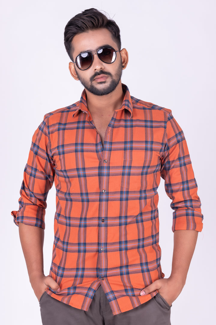 MENS COTTON ORANGE CHECKERED SLIM FIT FULL SLEEVE CASUAL SHIRT