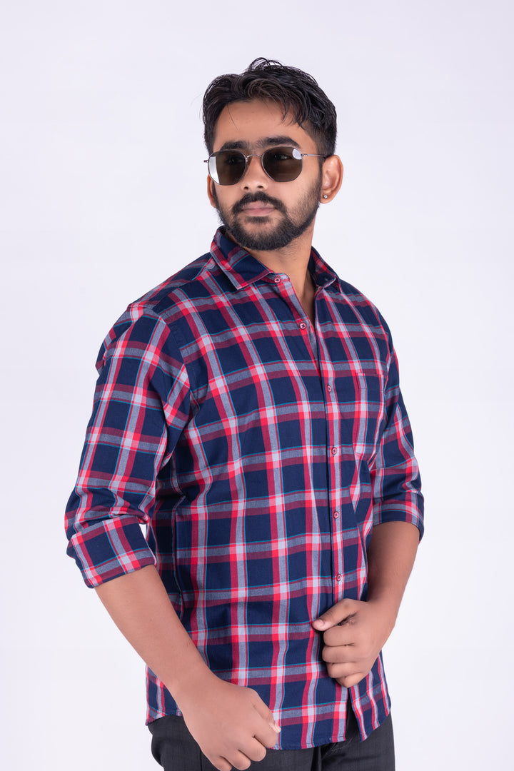 MENS COTTON BLUE CHECKERED SLIM FIT FULL SLEEVE CASUAL SHIRT