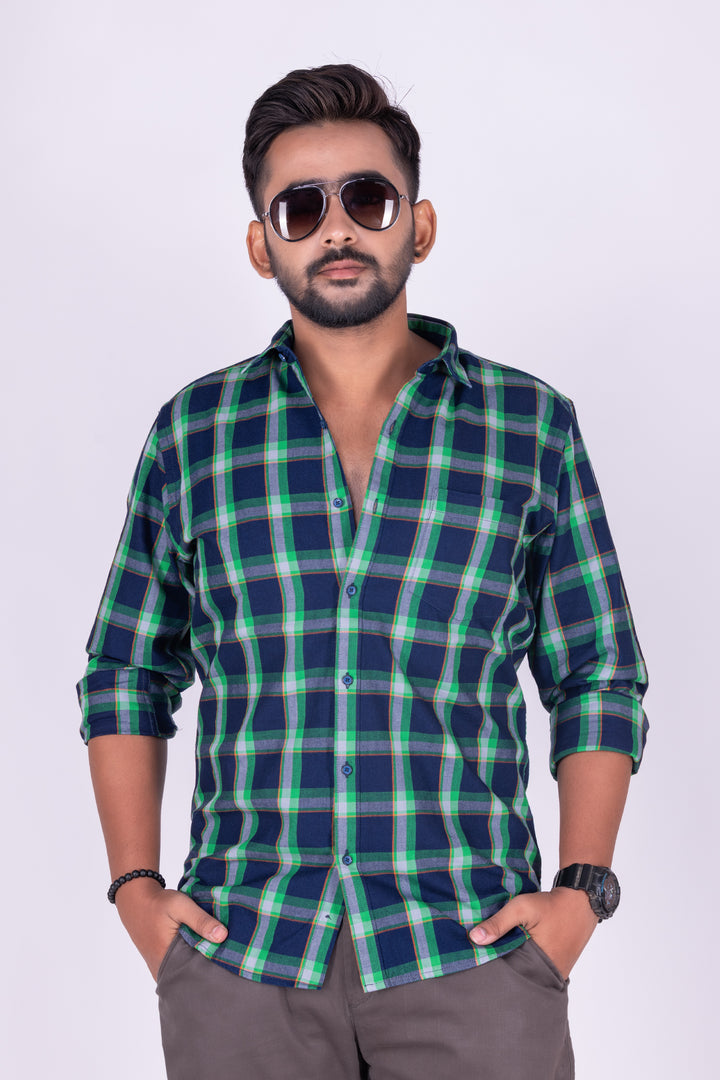 MENS COTTON BLUE CHECKERED SLIM FIT FULL SLEEVE CASUAL SHIRT