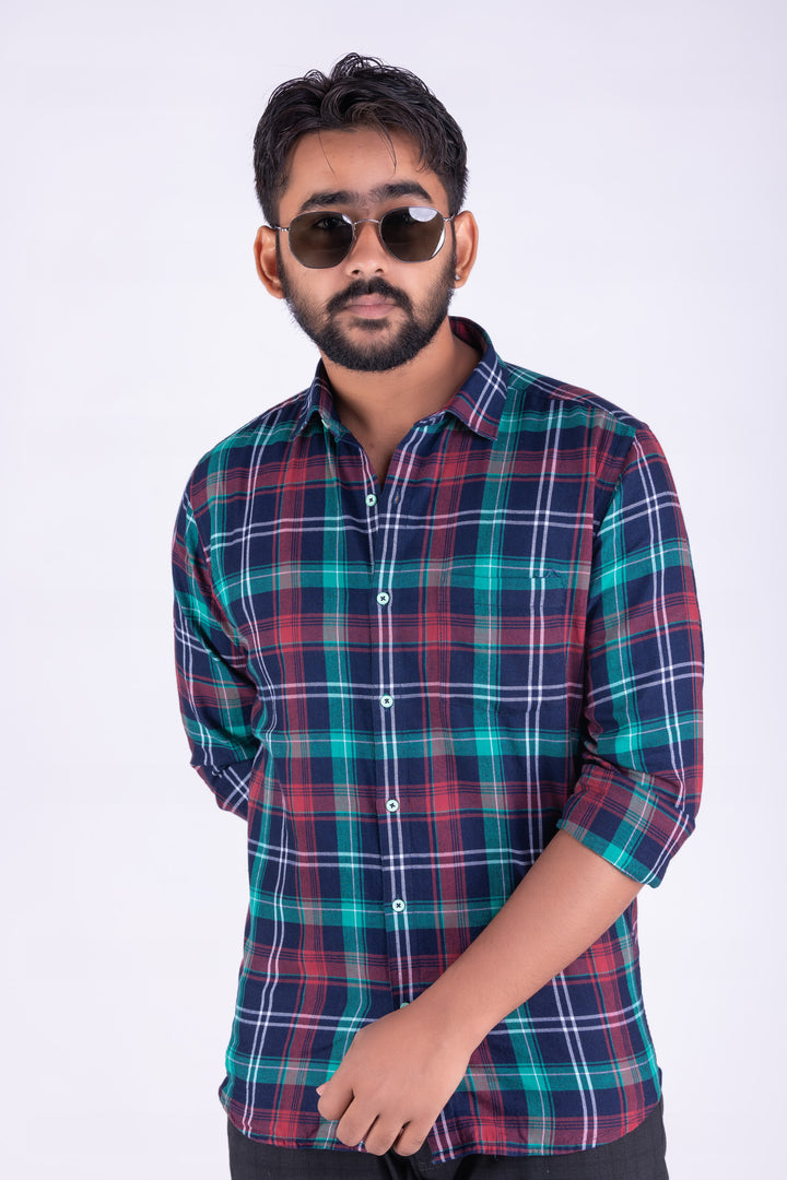 MENS COTTON BLUE CHECKERED SLIM FIT FULL SLEEVE CASUAL SHIRT