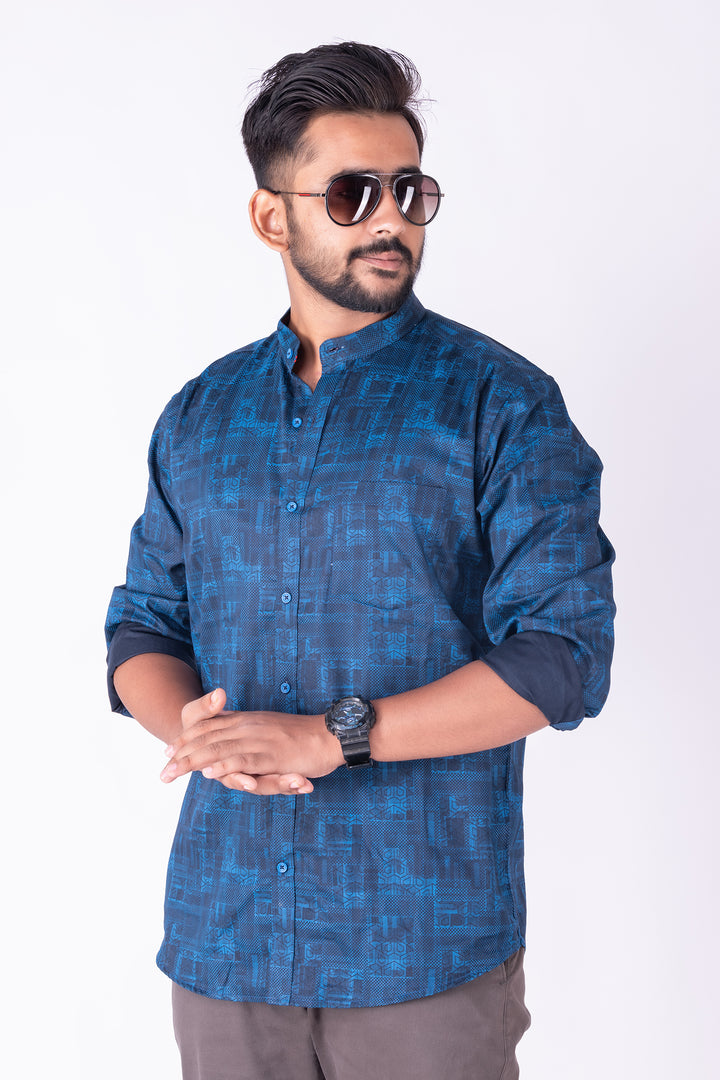 MENS COTTON BLUE PRINTED SLIM FIT FULL SLEEVE CASUAL SHIRT