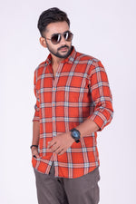 Load image into Gallery viewer, MENS COTTON ORANGE CHECKERED SLIM FIT FULL SLEEVE CASUAL SHIRT
