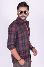 Load image into Gallery viewer, MENS COTTON MAROON CHECKERED SLIM FIT FULL SLEEVE CASUAL SHIRT
