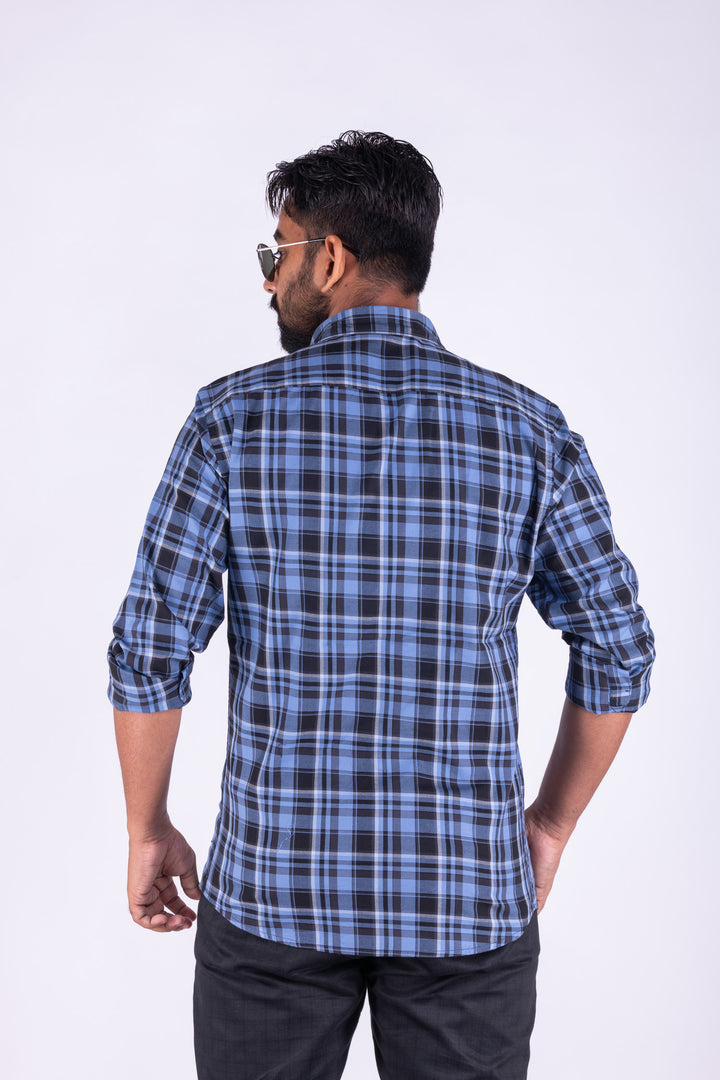 MENS COTTON BLUE CHECKERED SLIM FIT FULL SLEEVE CASUAL SHIRT