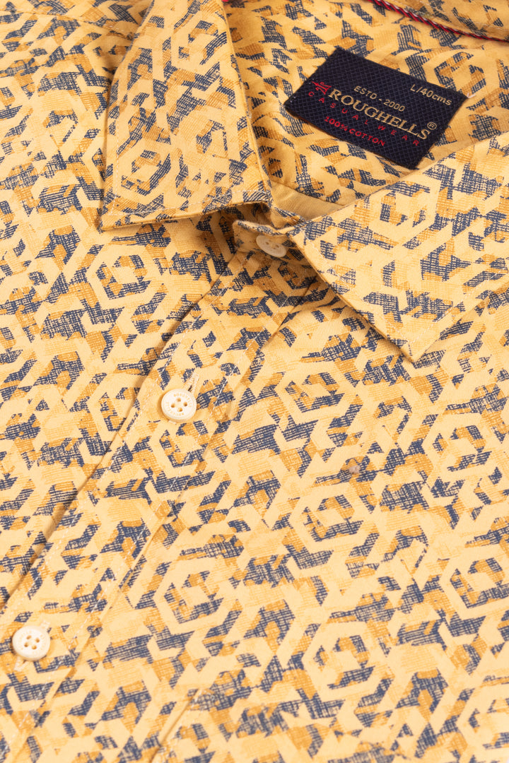 MENS COTTON YELLOW PRINTED SLIM FIT FULL SLEEVE CASUAL SHIRT